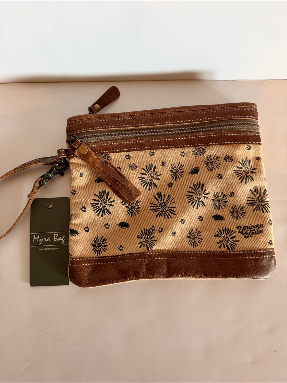 Myra Bag Tan Floral Canvas Wristlet with Brown Trim